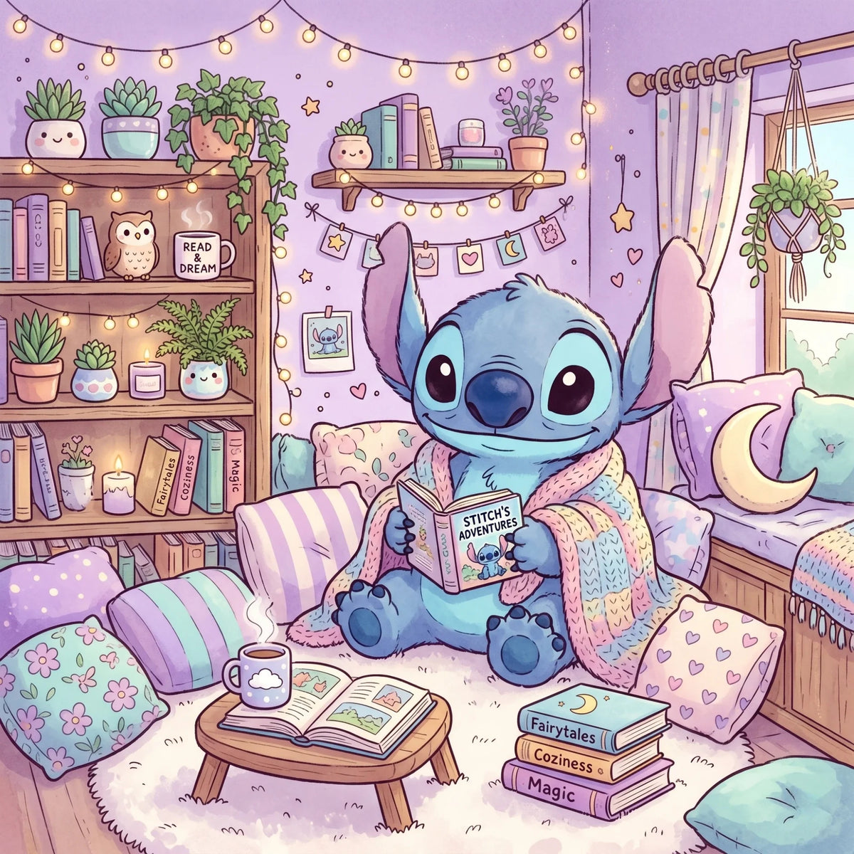 Déco de chambre : Comment aménager un coin lecture autour d'une peluche Stitch XXL. Image