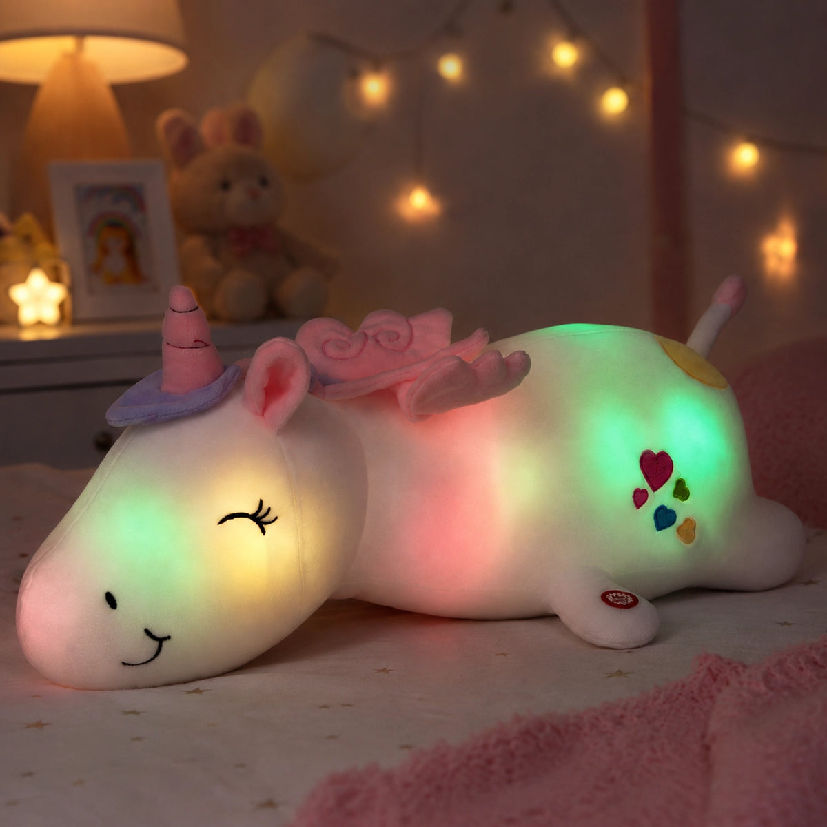 Peluche licorne blanche veilleuse lumineuse et magique