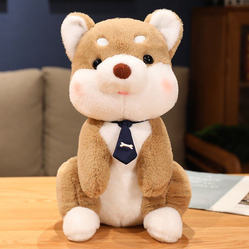 Peluche chien shiba avec un cravate os