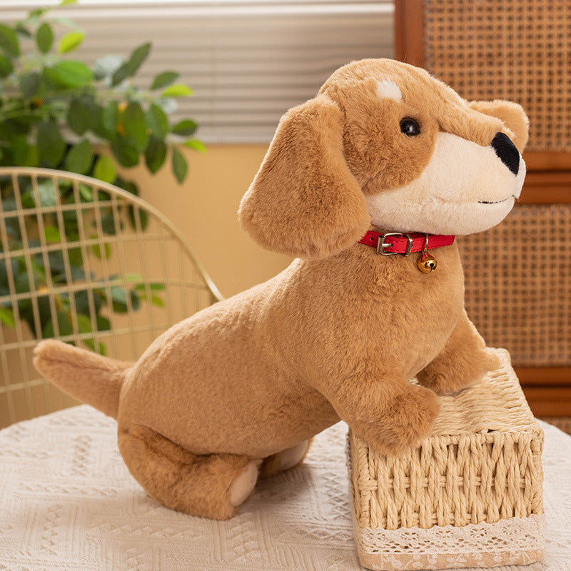 Peluche teckel coloré avec son collier rouge-beige