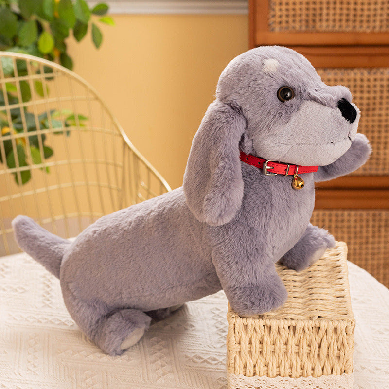 Peluche teckel coloré avec son collier rouge-gris