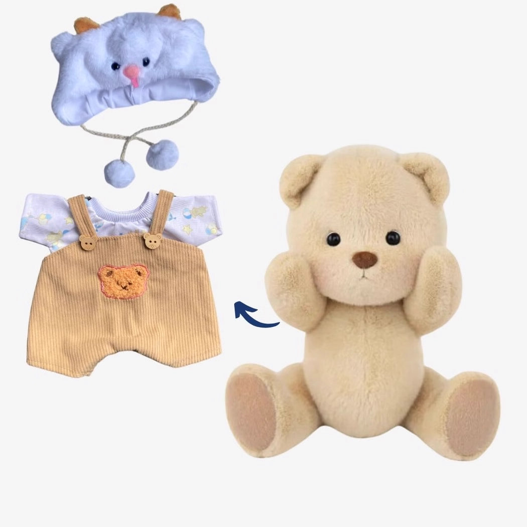Ours en peluche déguisé en salopette marron