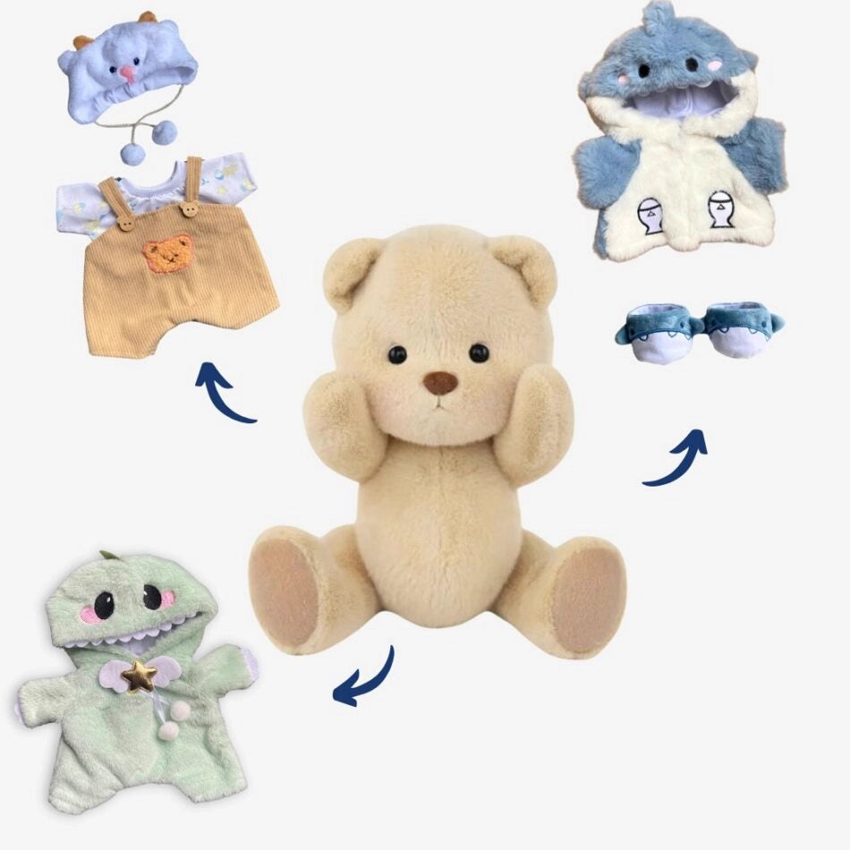 Ours en peluche déguisé en salopette marron