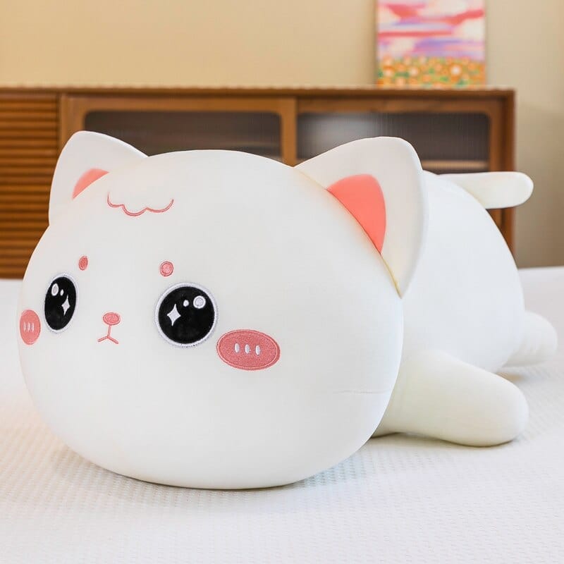 Peluche chat à câlins 40cm / Blanc yeux ouverts