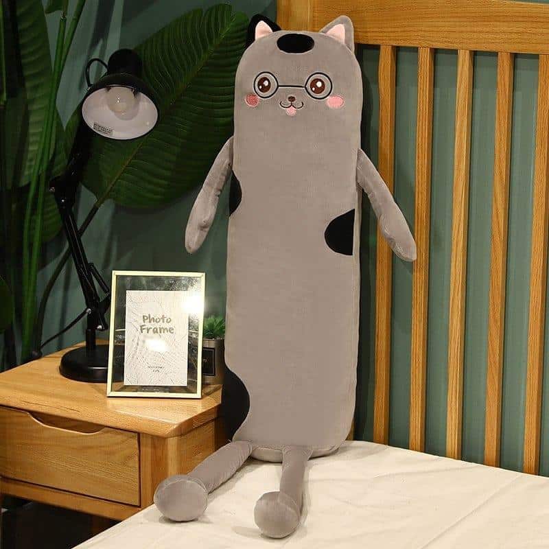 Peluche chat long doux oreiller câlin pour sieste cosy gris La compagnie de la peluche