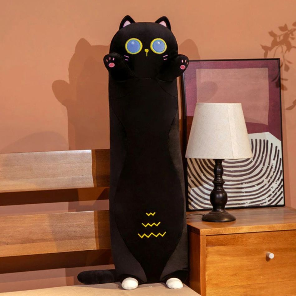 Peluche chat noir long doux câlin confortable maison La compagnie de la peluche
