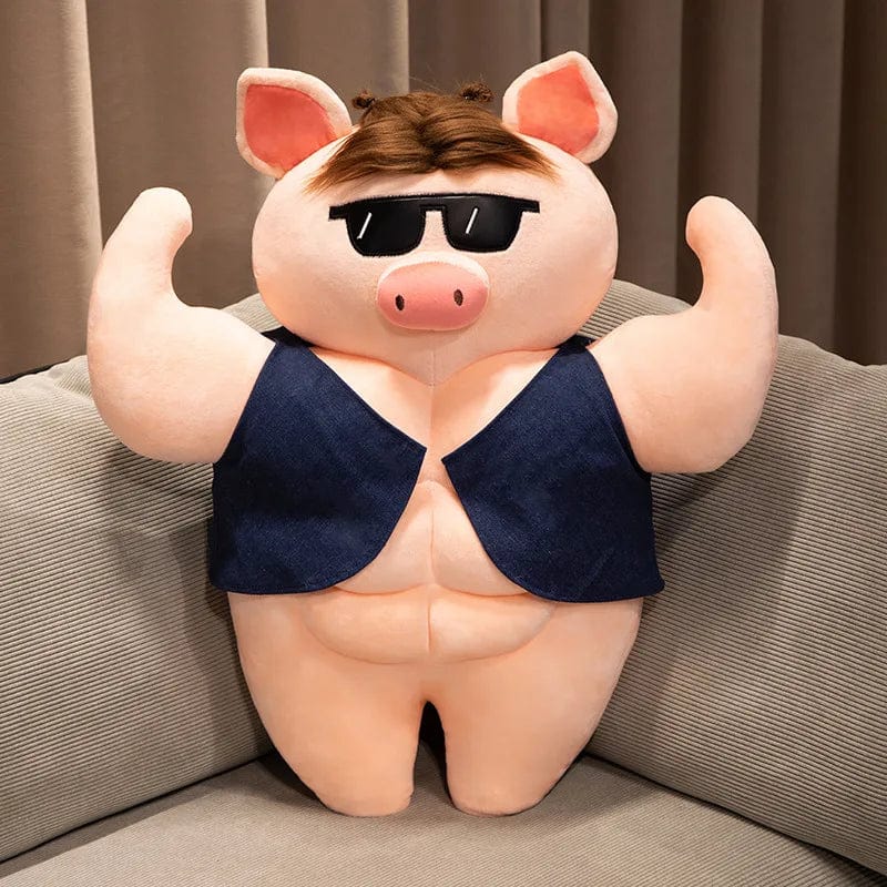 Peluche cochon bodybuildé bien habillé à lunettes 55cm