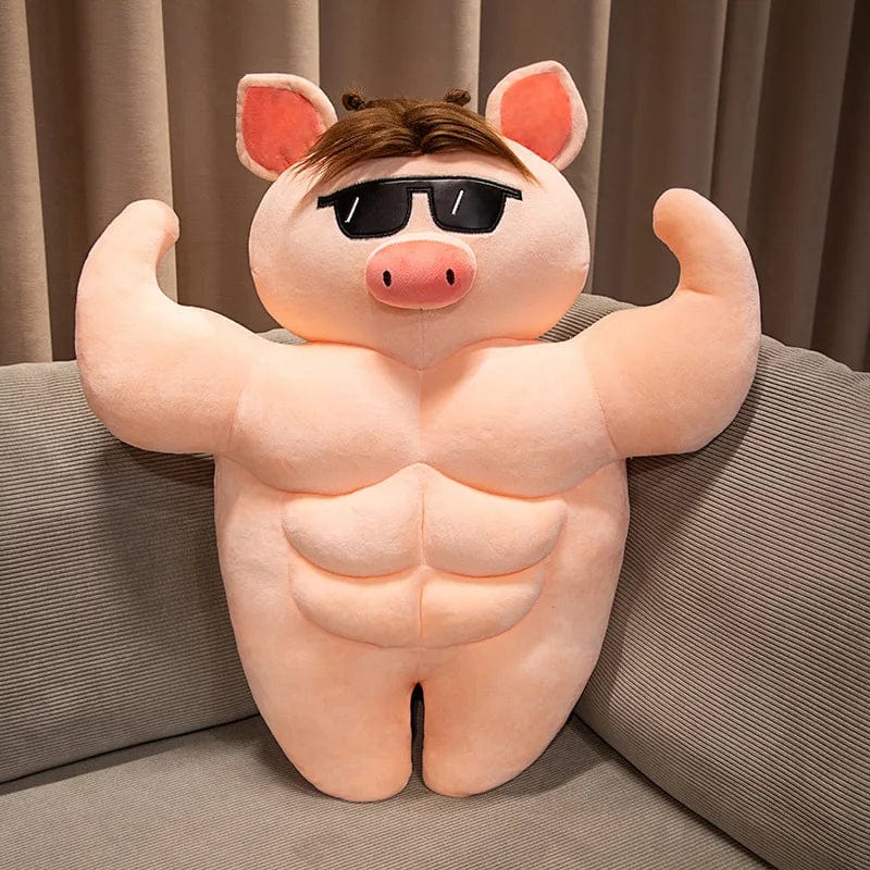Peluche cochon bodybuildé brun à lunettes 55cm