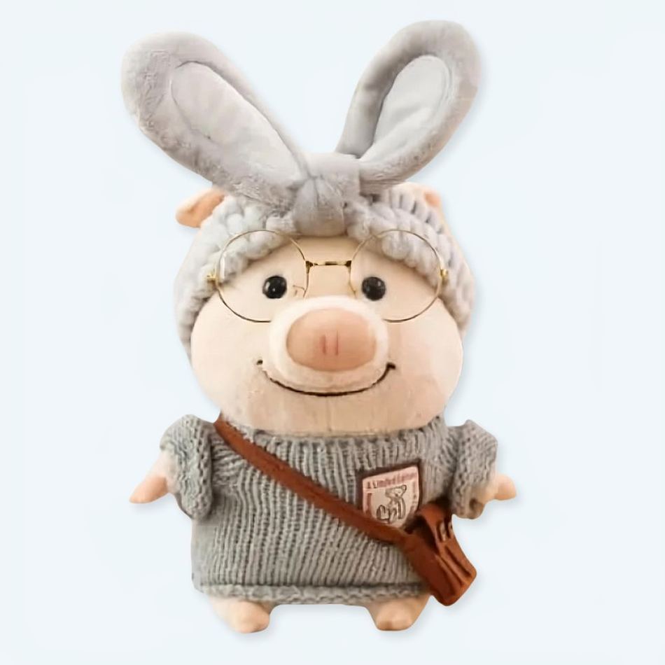 Peluche cochon douce pull gris hiver chaleureux La compagnie de la peluche