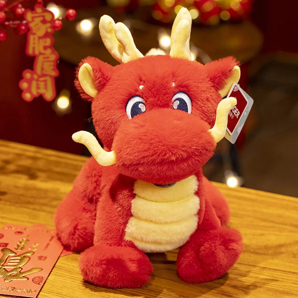 Peluche dragon chinois à cornes rouge