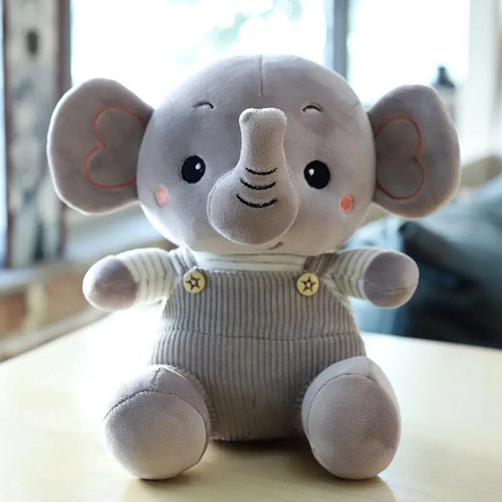 Peluche éléphant content en petite salopette Gris