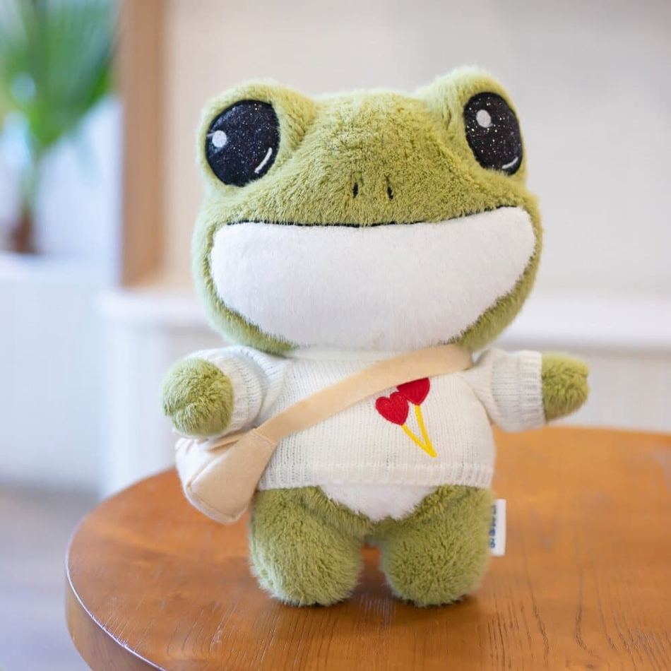 Peluche grenouille verte douce avec pull hiver câlin blanc La compagnie de la peluche