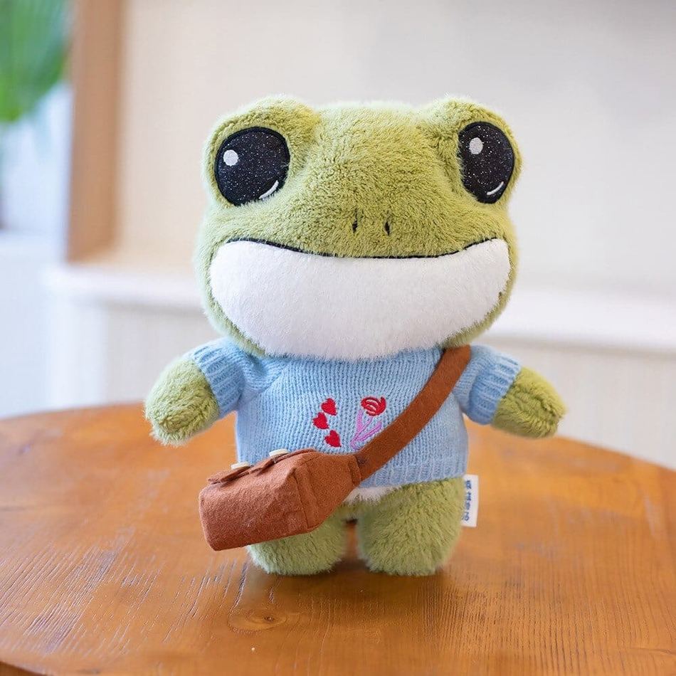 Peluche grenouille verte douce avec pull hiver câlin bleu La compagnie de la peluche