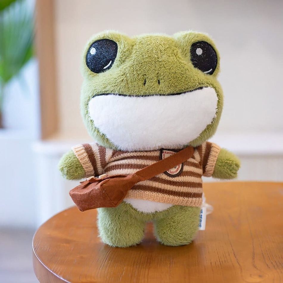 Peluche grenouille verte douce avec pull hiver câlin marron La compagnie de la peluche