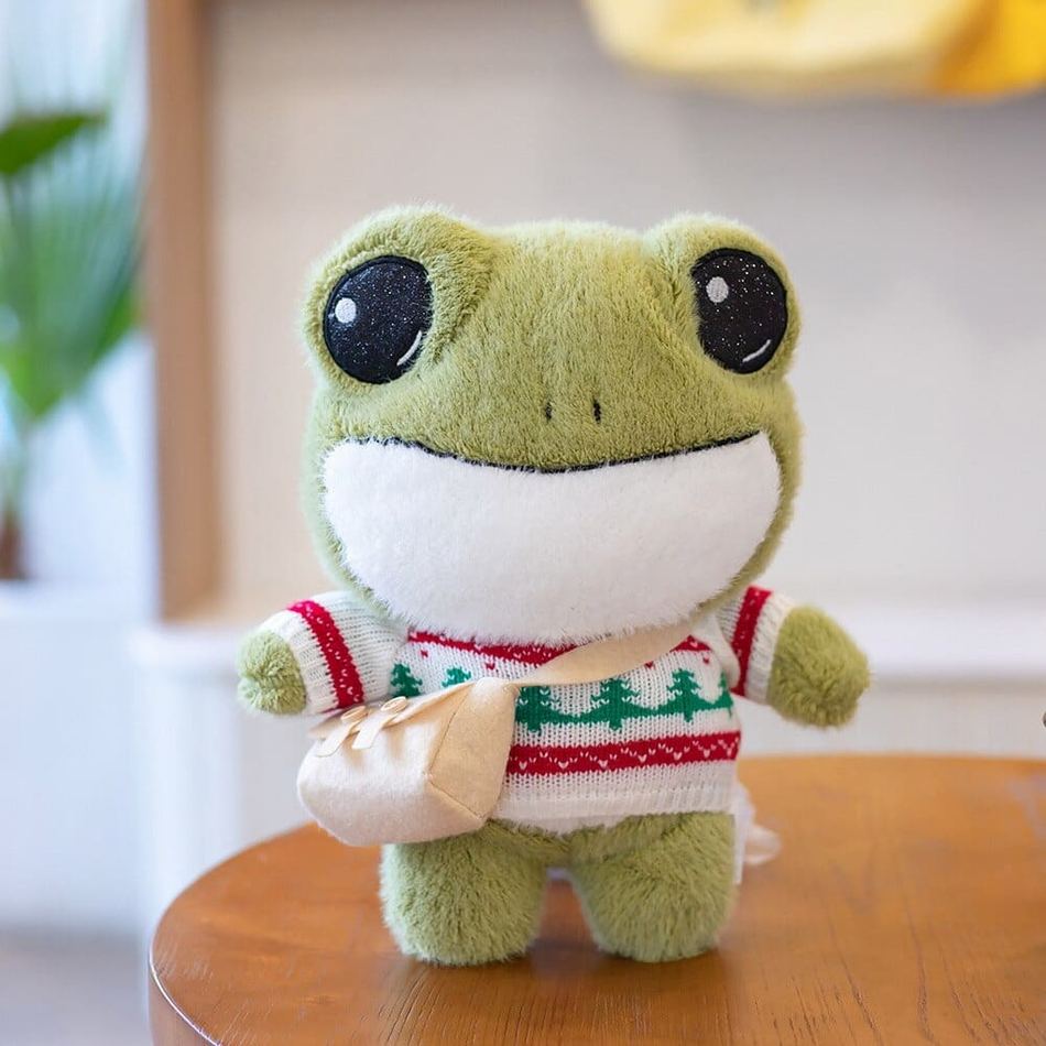 Peluche grenouille verte douce avec pull hiver câlin multicolore La compagnie de la peluche