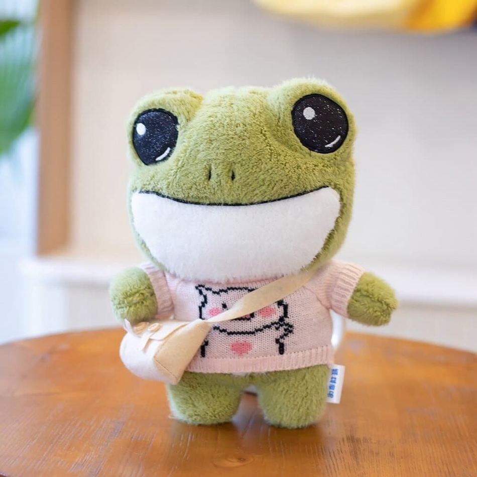 Peluche grenouille verte douce avec pull hiver câlin rose La compagnie de la peluche