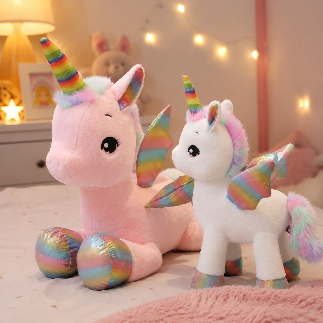 Peluche licorne douce avec sa corne multi-couleur