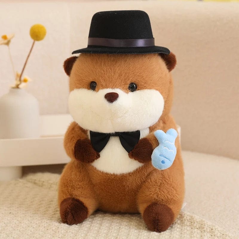 Peluche loutre avec un chapeau qui tient un poisson coloré Bleu