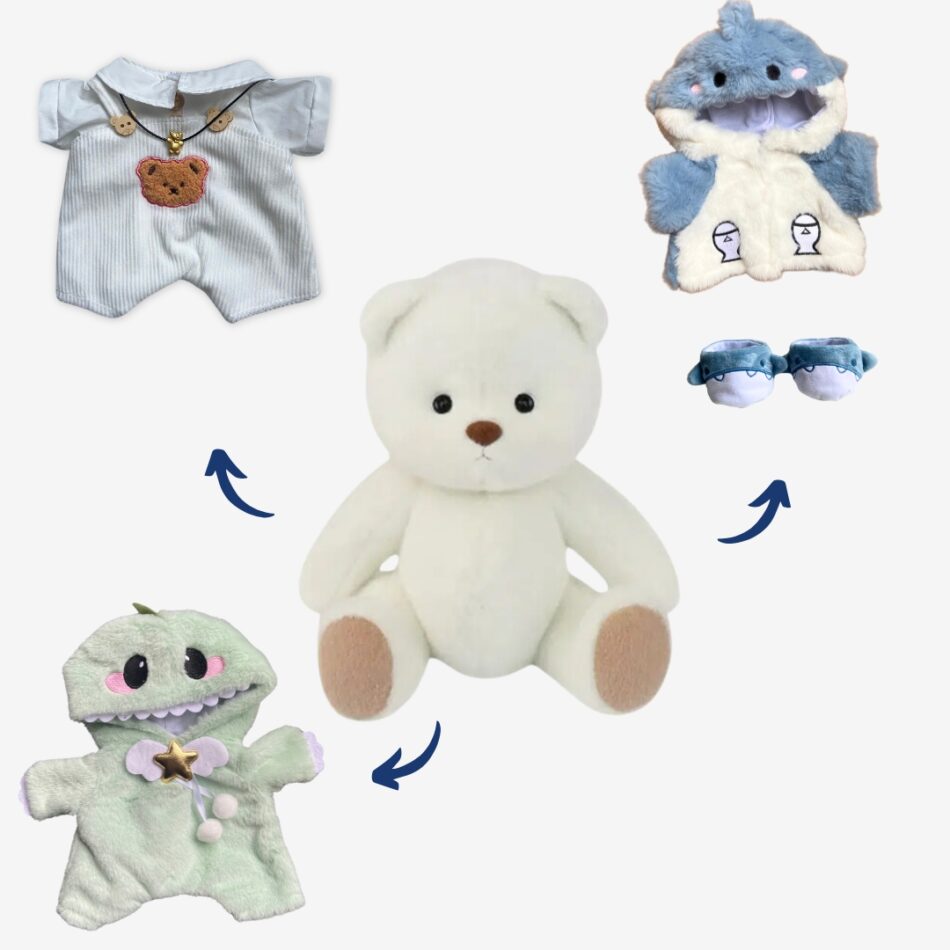 Peluche ours articulé fait main blanche douce enfant pack-ours-blanc-combinaison-dinosaure-requin La compagnie de la peluche
