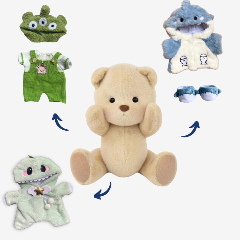 Peluche ours articulé fait main en alien vert doux pack-ours-marron-alien-dinosaure-requin La compagnie de la peluche