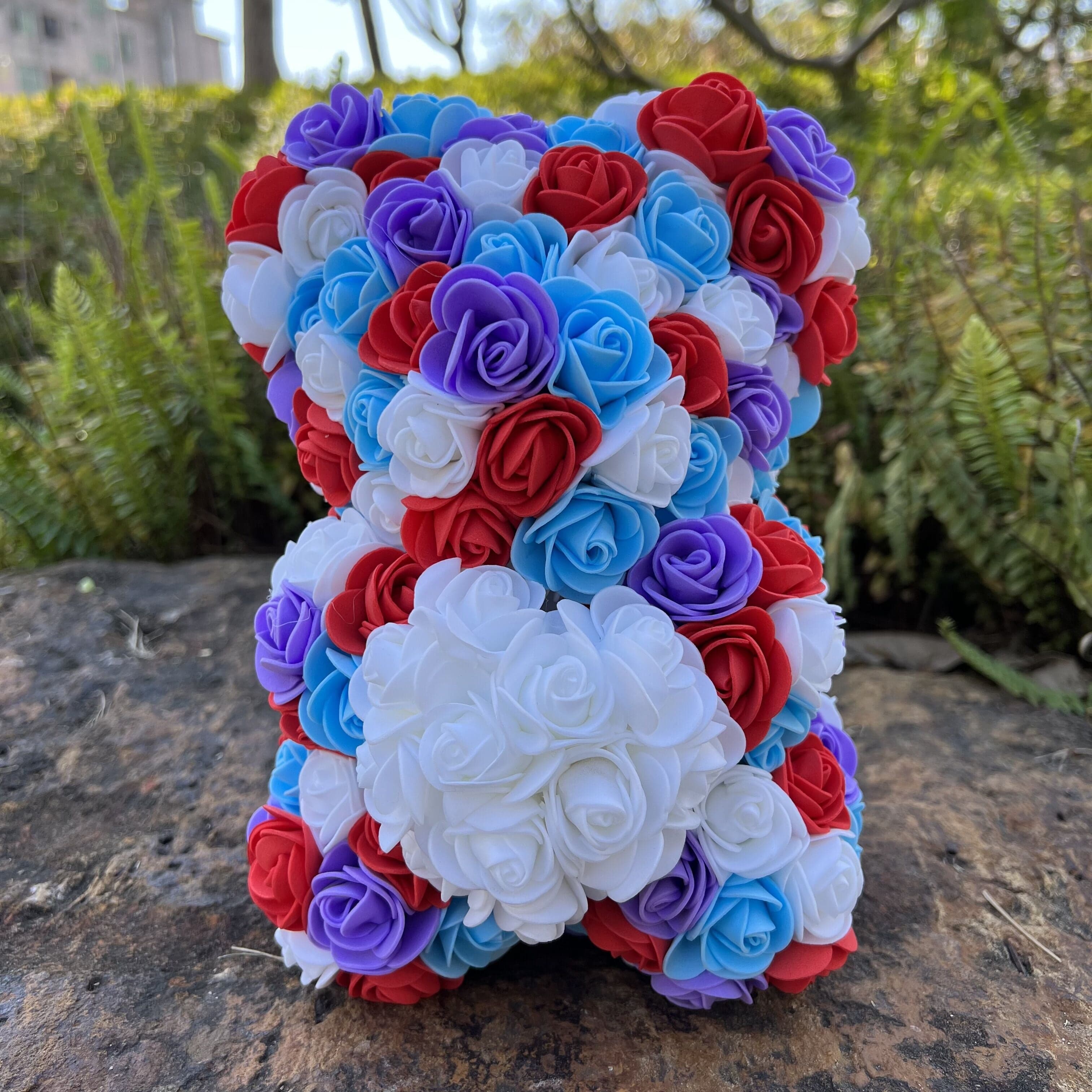 Peluche ourson en rose cœur bicolore Saint-Valentin Bleu/Blanc/Rouge / Sans boîte