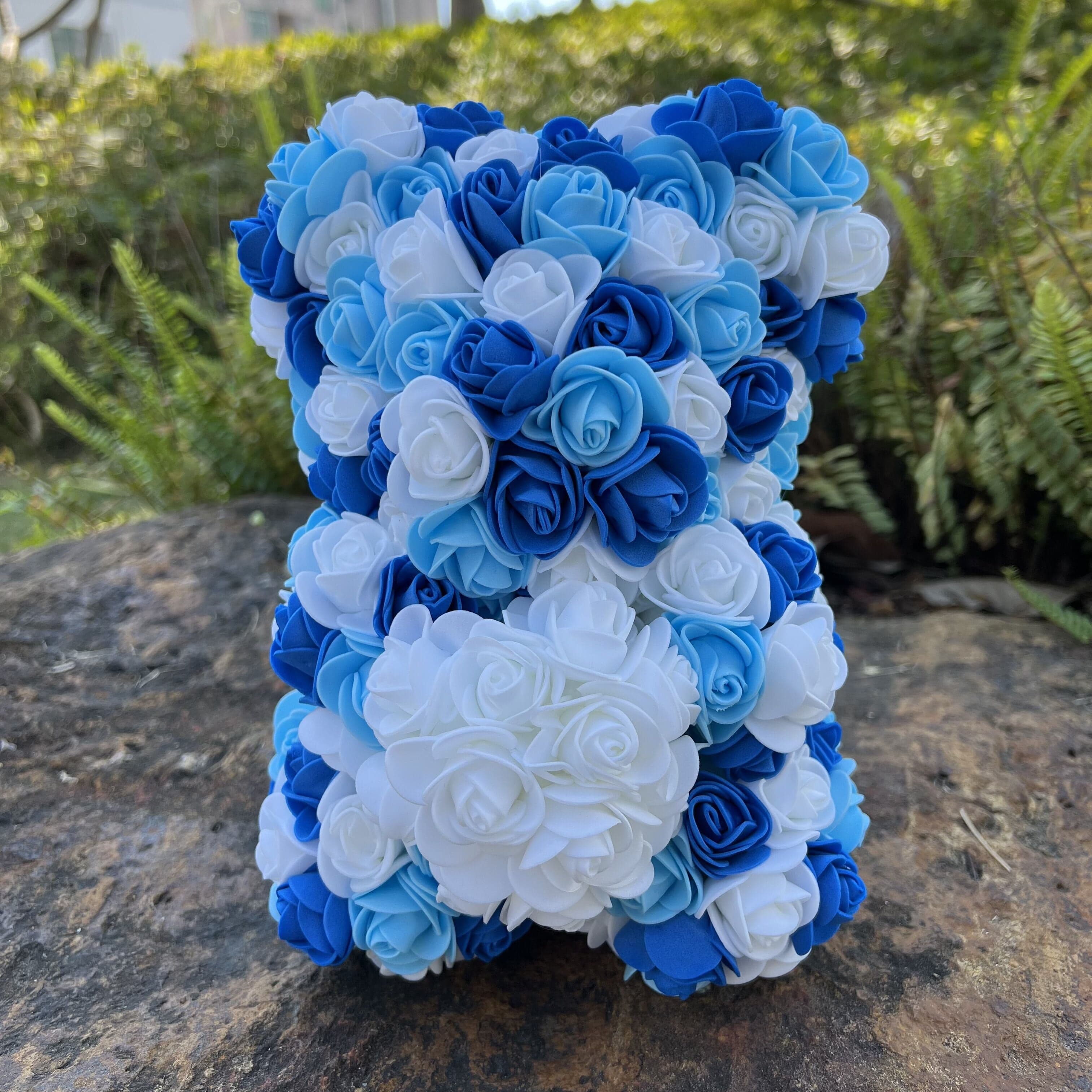 Peluche ourson en rose cœur bicolore Saint-Valentin Bleu/Blanc / Sans boîte