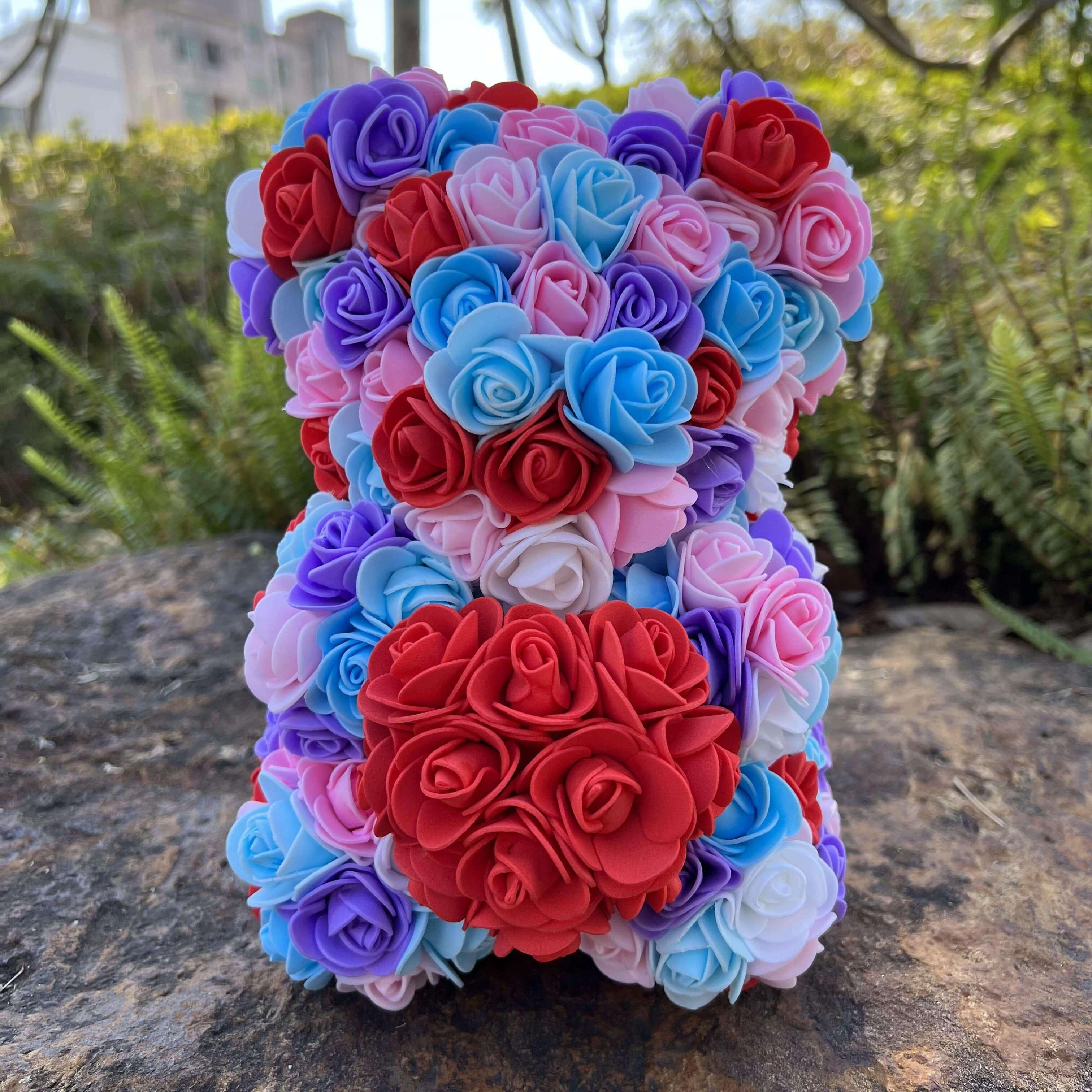 Peluche ourson en rose cœur bicolore Saint-Valentin Bleu/Rose/Violet / Sans boîte