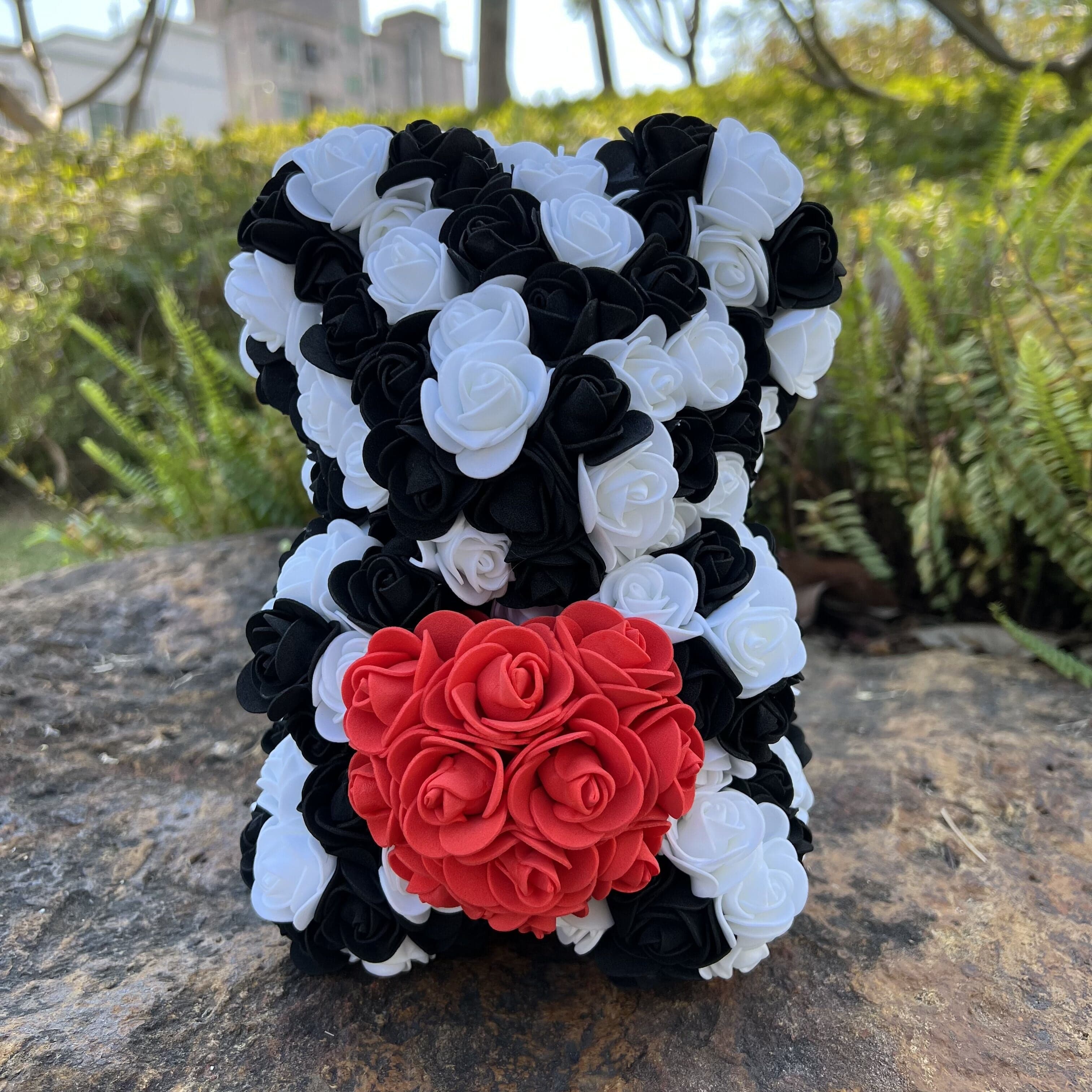 Peluche ourson en rose cœur bicolore Saint-Valentin Noir/Blanc / Sans boîte