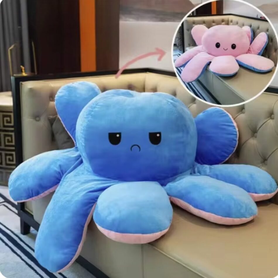 Peluche pieuvre géante réversible humeur joyeuse triste bleu-fonce La compagnie de la peluche