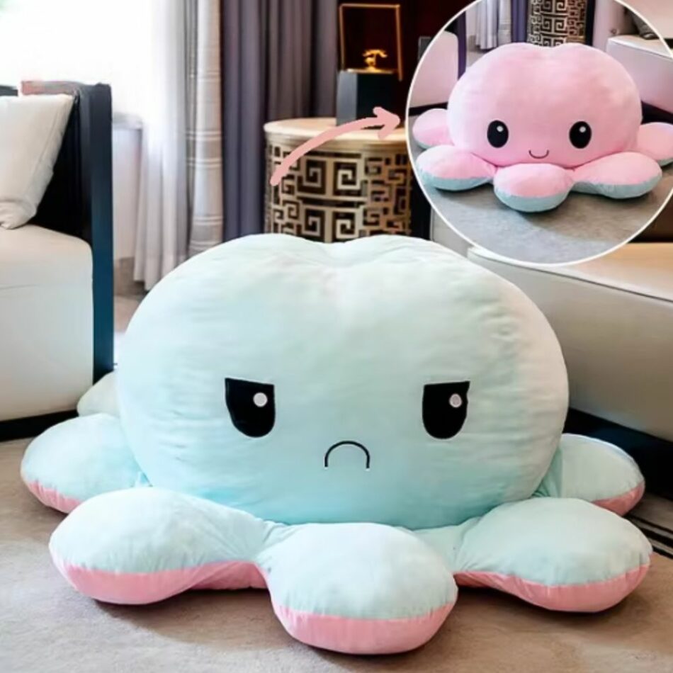 Peluche pieuvre géante réversible humeur joyeuse triste bleu La compagnie de la peluche