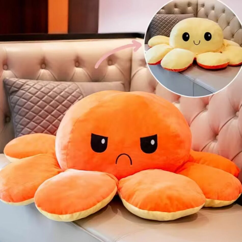 Peluche pieuvre géante réversible humeur joyeuse triste orange La compagnie de la peluche