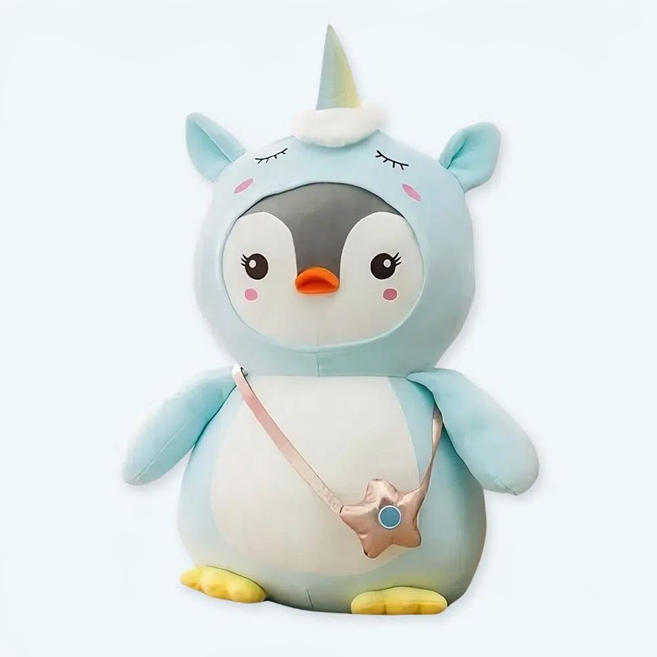 Peluche pingouin magique déguisement licorne bleu doux 40cm La compagnie de la peluche