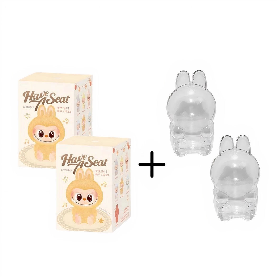 Peluche type Labubu assise boîte mystère