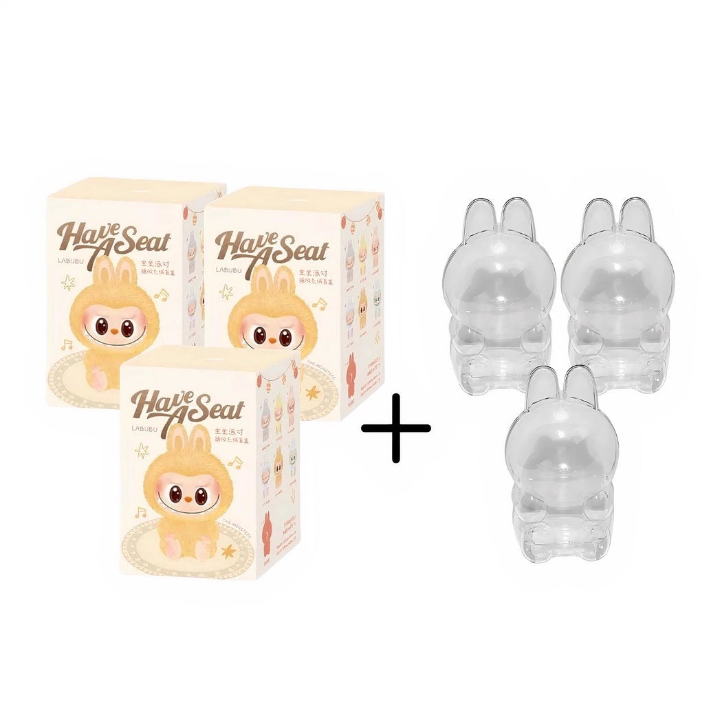 Peluche type Labubu assise boîte mystère