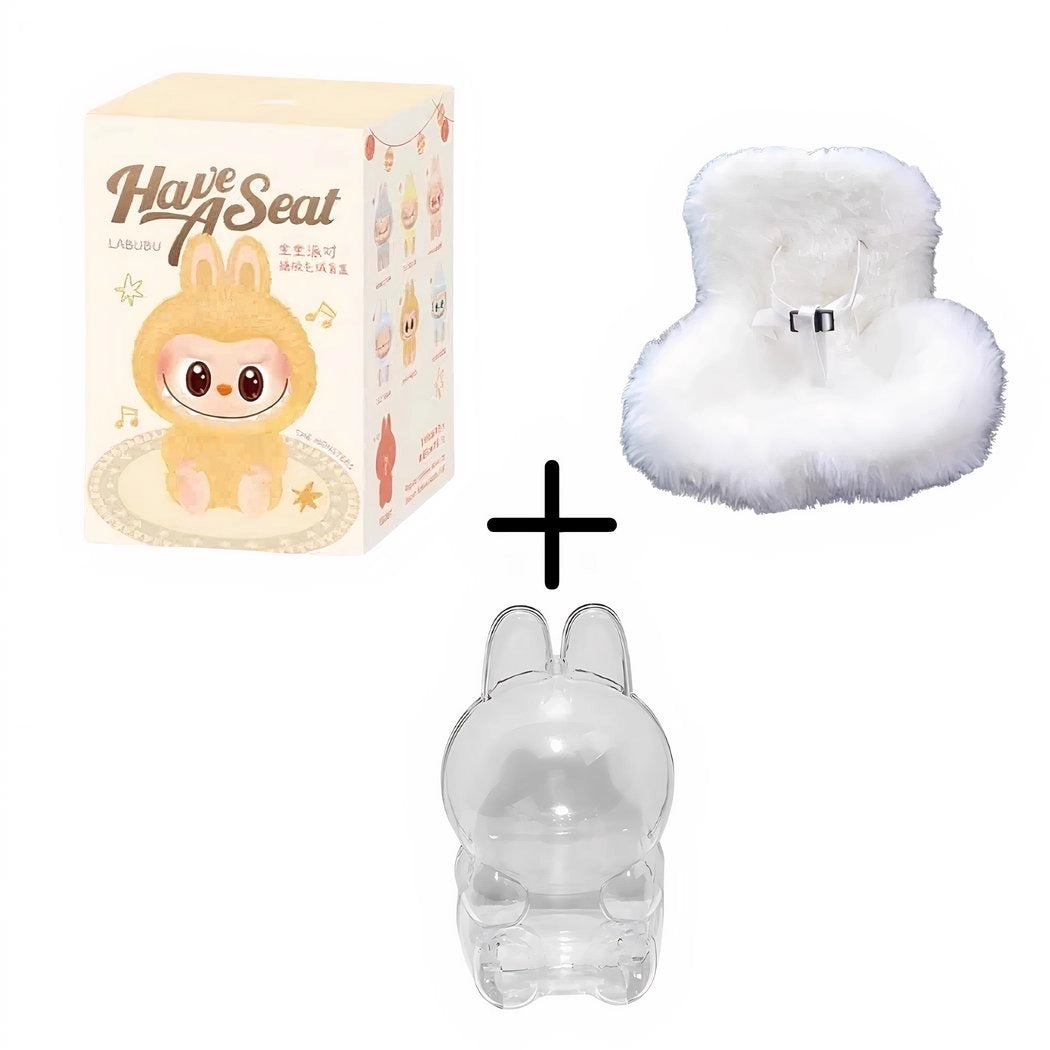 Peluche type Labubu assise boîte mystère