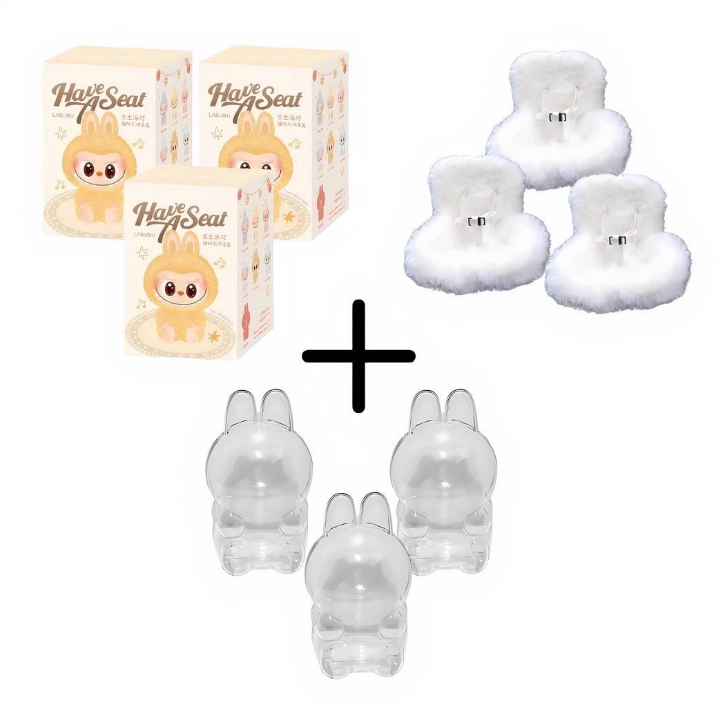 Peluche type Labubu assise boîte mystère