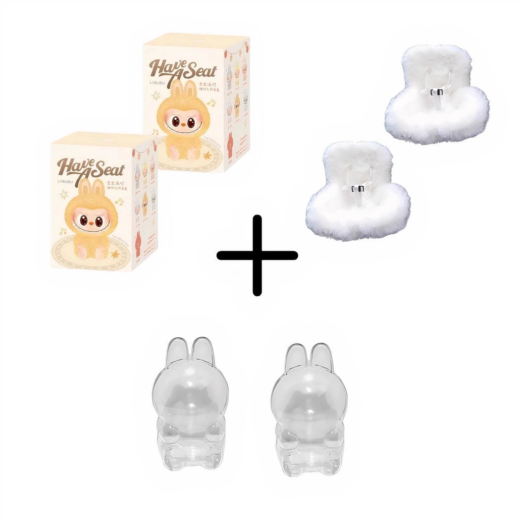 Peluche type Labubu assise boîte mystère