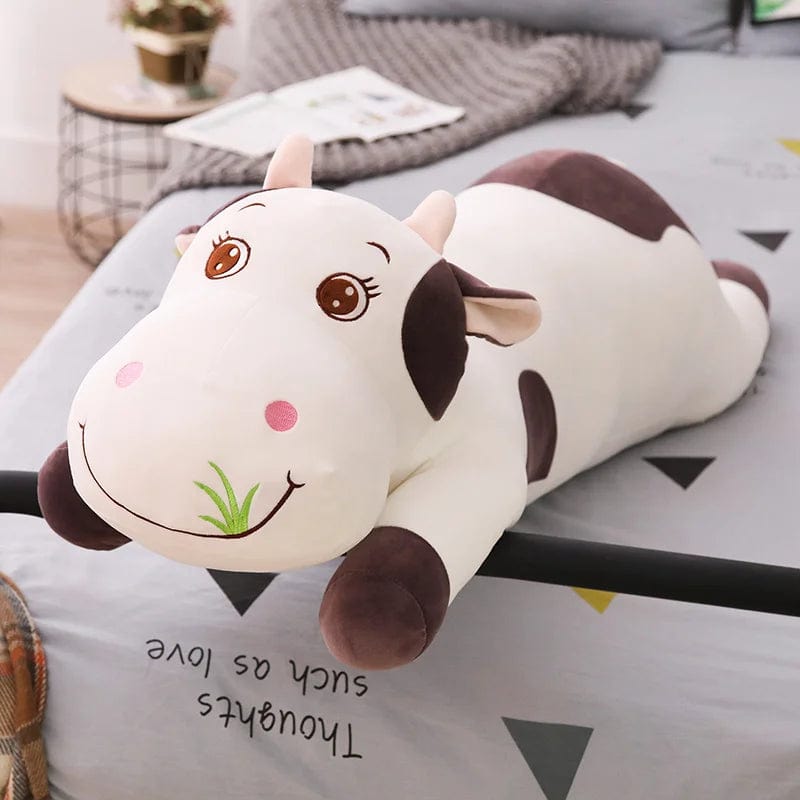 Peluche vache coloré qui broute de l'herbe Marron / 110cm