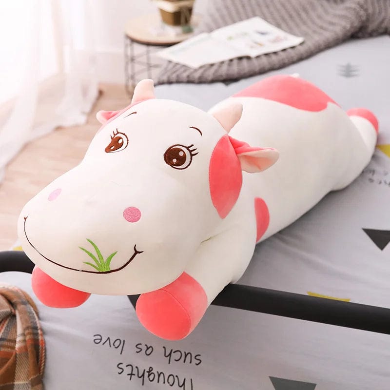 Peluche vache coloré qui broute de l'herbe Rose / 110cm