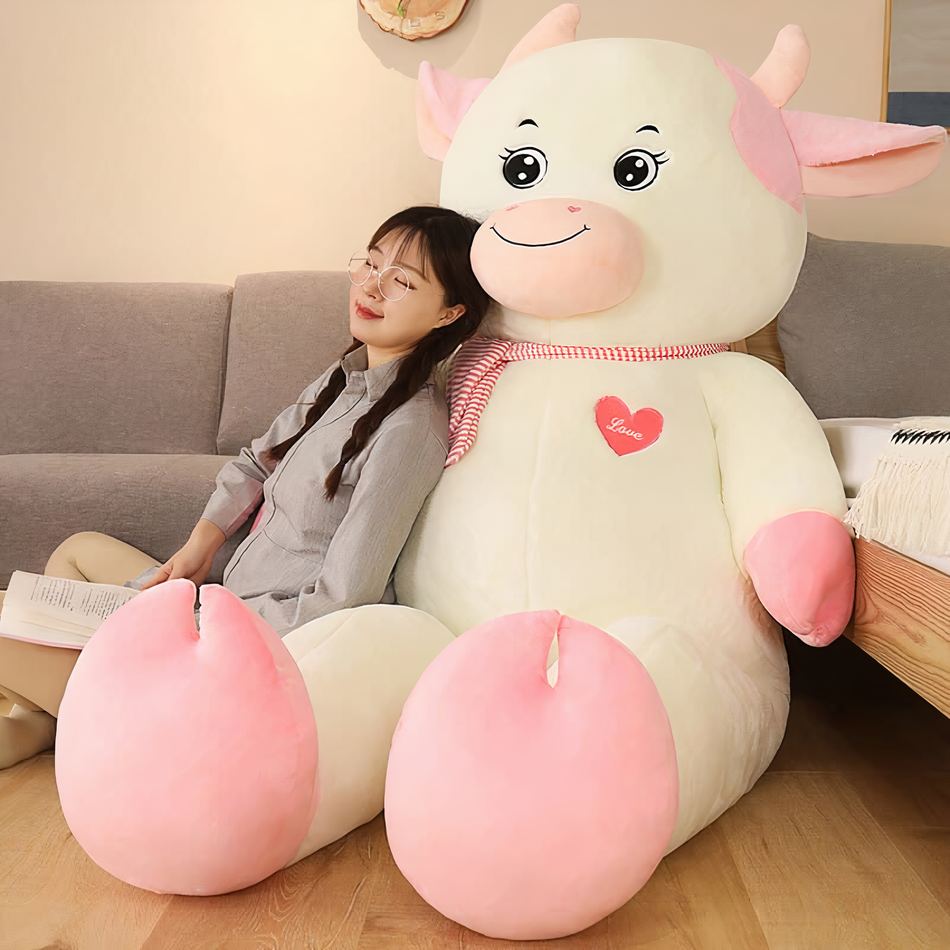 Peluche vache géante douce blanche rose câline enfant La compagnie de la peluche